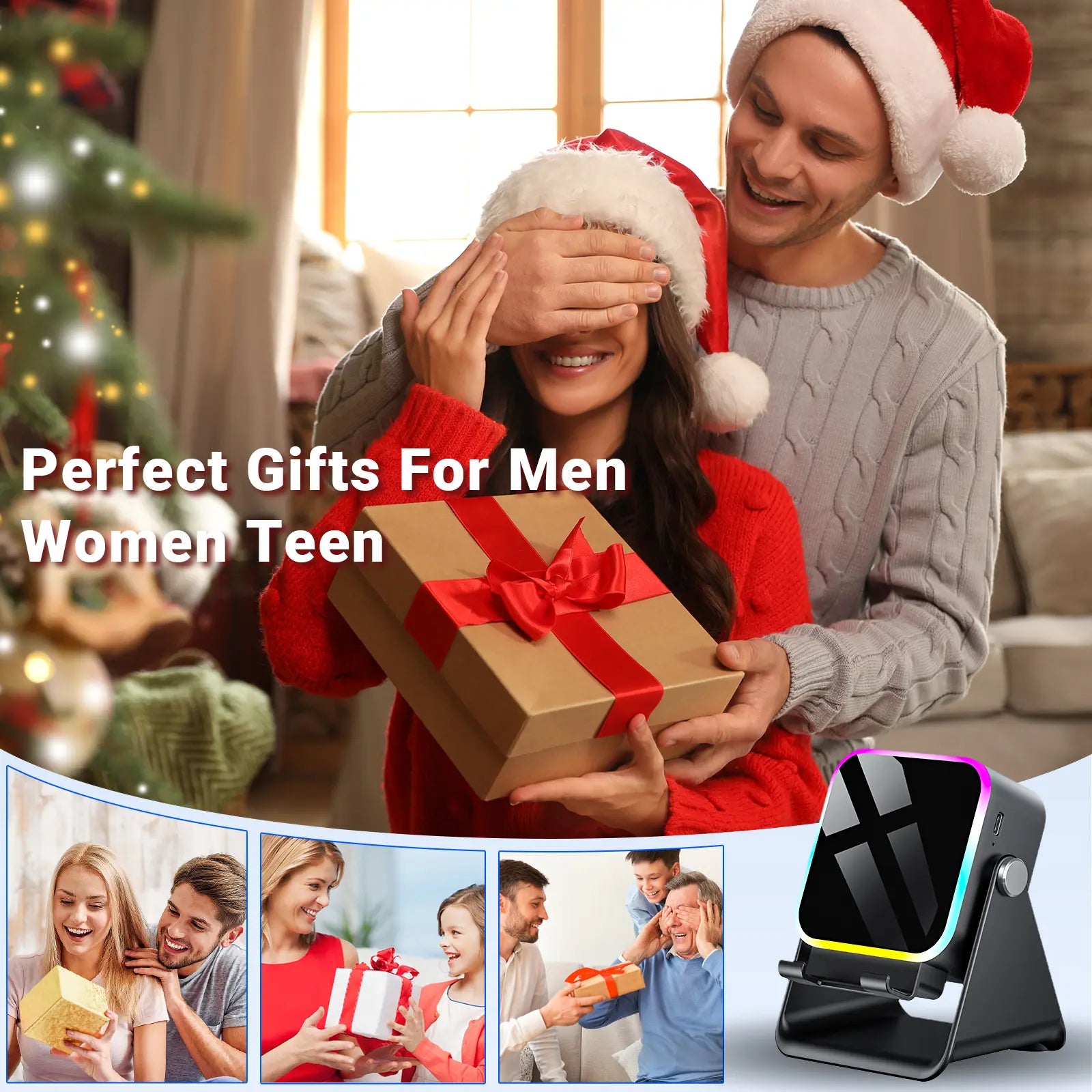 Wireless Induction Audio Speaker Stand with 5-in-1 Cellphone Holder, 3500mAh Rechargeable Power Bank, 360° Adjustable Tablet Stand, and Ambient Lighting - Perfect Gift for Any Occasion