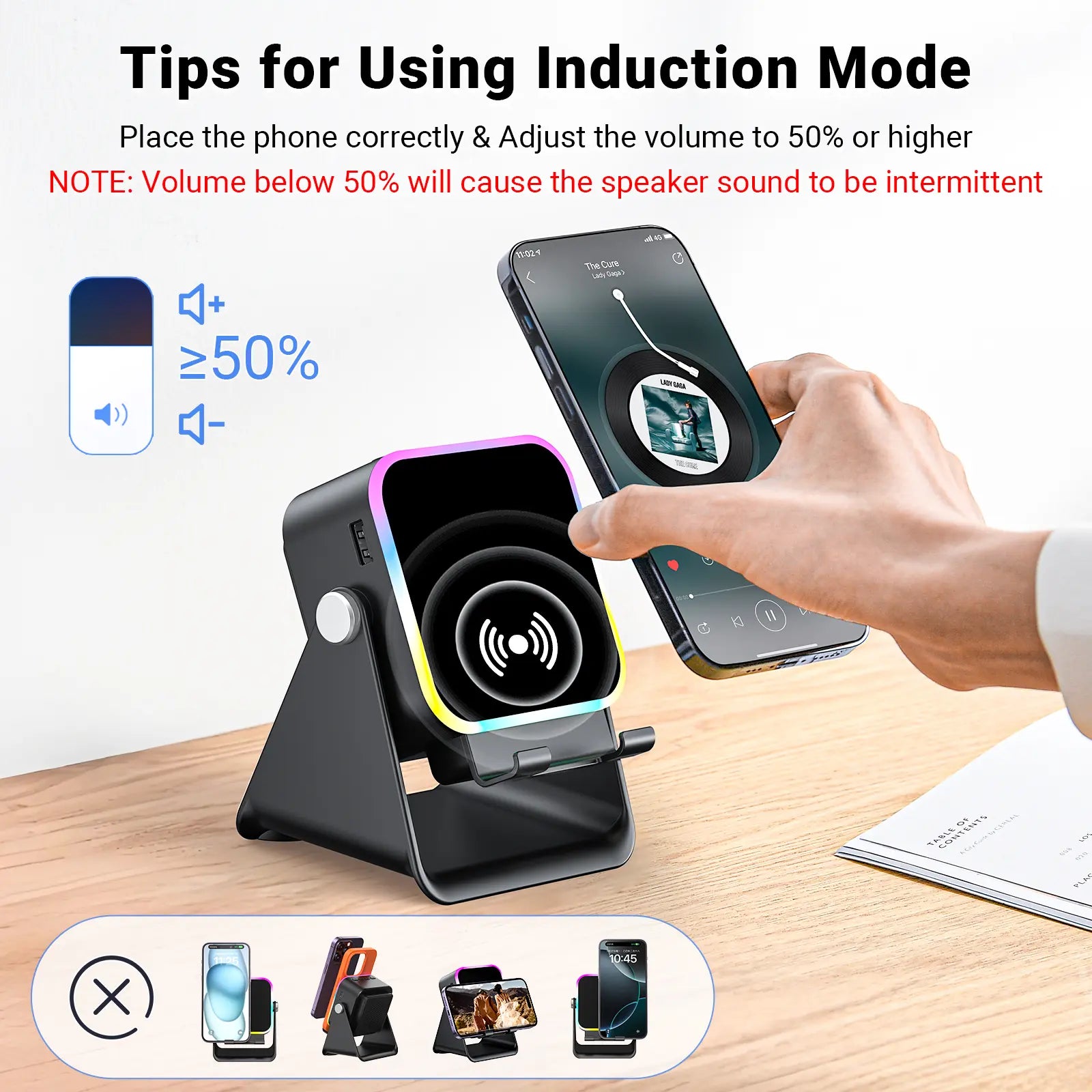 Wireless Induction Audio Speaker Stand with 5-in-1 Cellphone Holder, 3500mAh Rechargeable Power Bank, 360° Adjustable Tablet Stand, and Ambient Lighting - Perfect Gift for Any Occasion