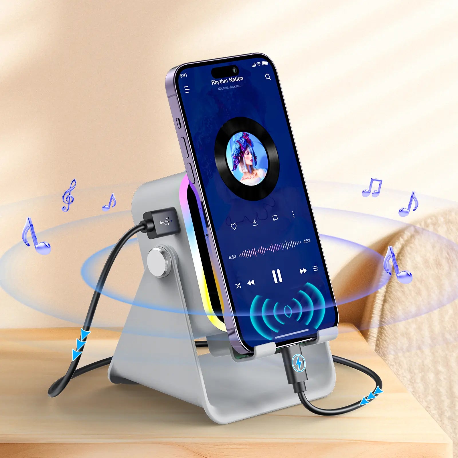 Wireless Induction Audio Speaker Stand with 5-in-1 Cellphone Holder, 3500mAh Rechargeable Power Bank, 360° Adjustable Tablet Stand, and Ambient Lighting - Perfect Gift for Any Occasion