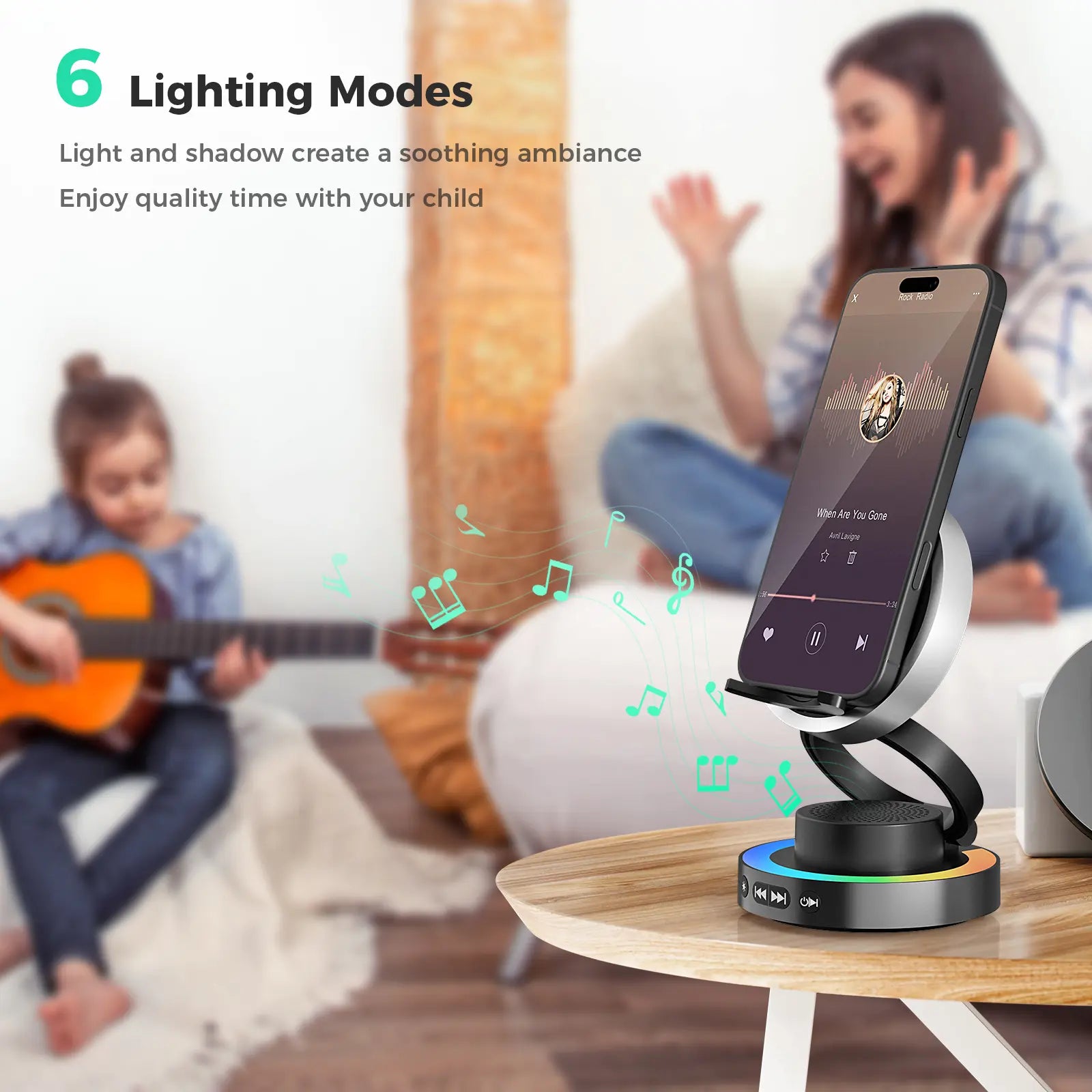 VANOTOM 5-in-1 Wireless Speaker Phone Stand with Bluetooth Speaker, Power Bank, and RGB Lighting - Foldable Design Compatible with All Phones