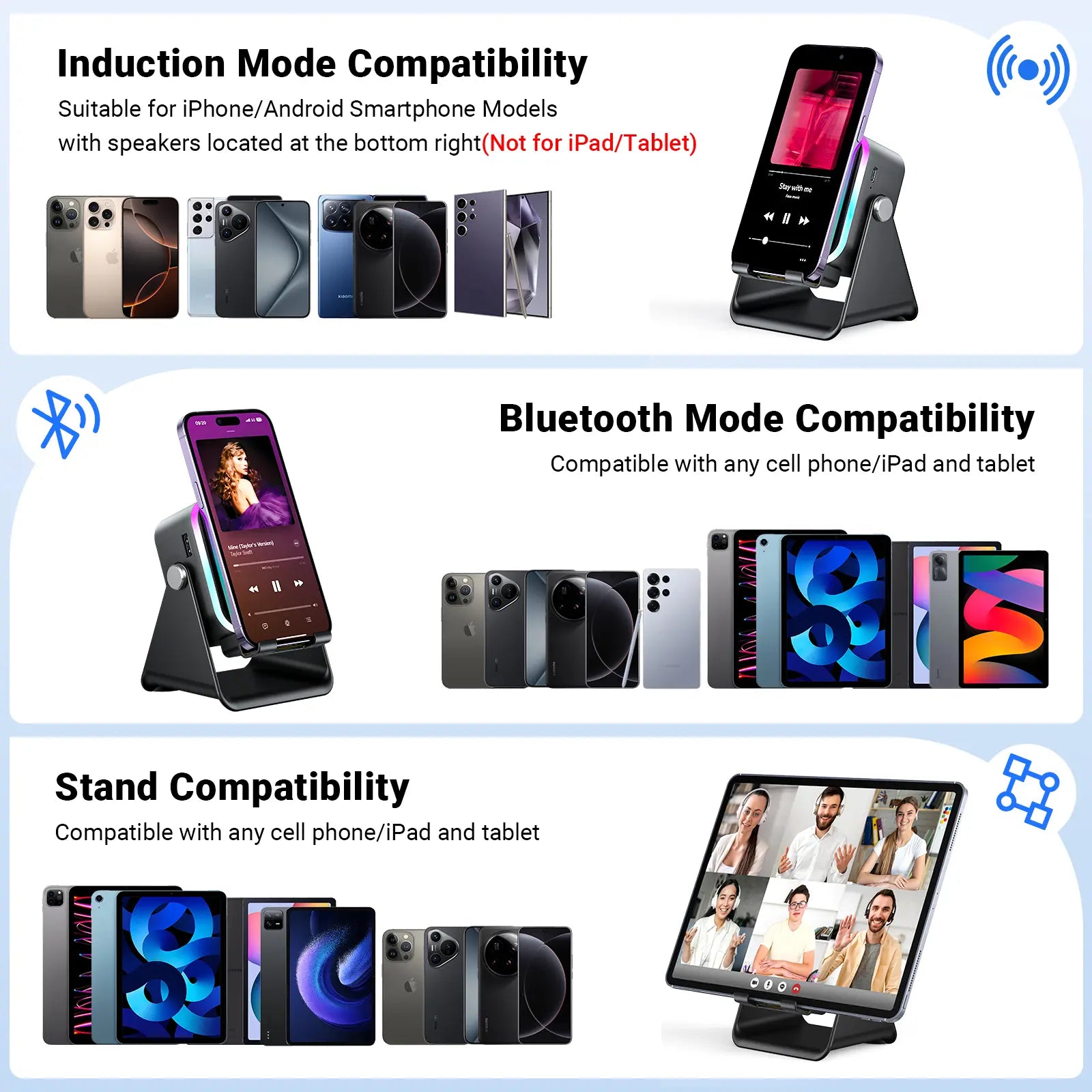 Wireless Induction Audio Speaker Stand with 5-in-1 Cellphone Holder, 3500mAh Rechargeable Power Bank, 360° Adjustable Tablet Stand, and Ambient Lighting - Perfect Gift for Any Occasion