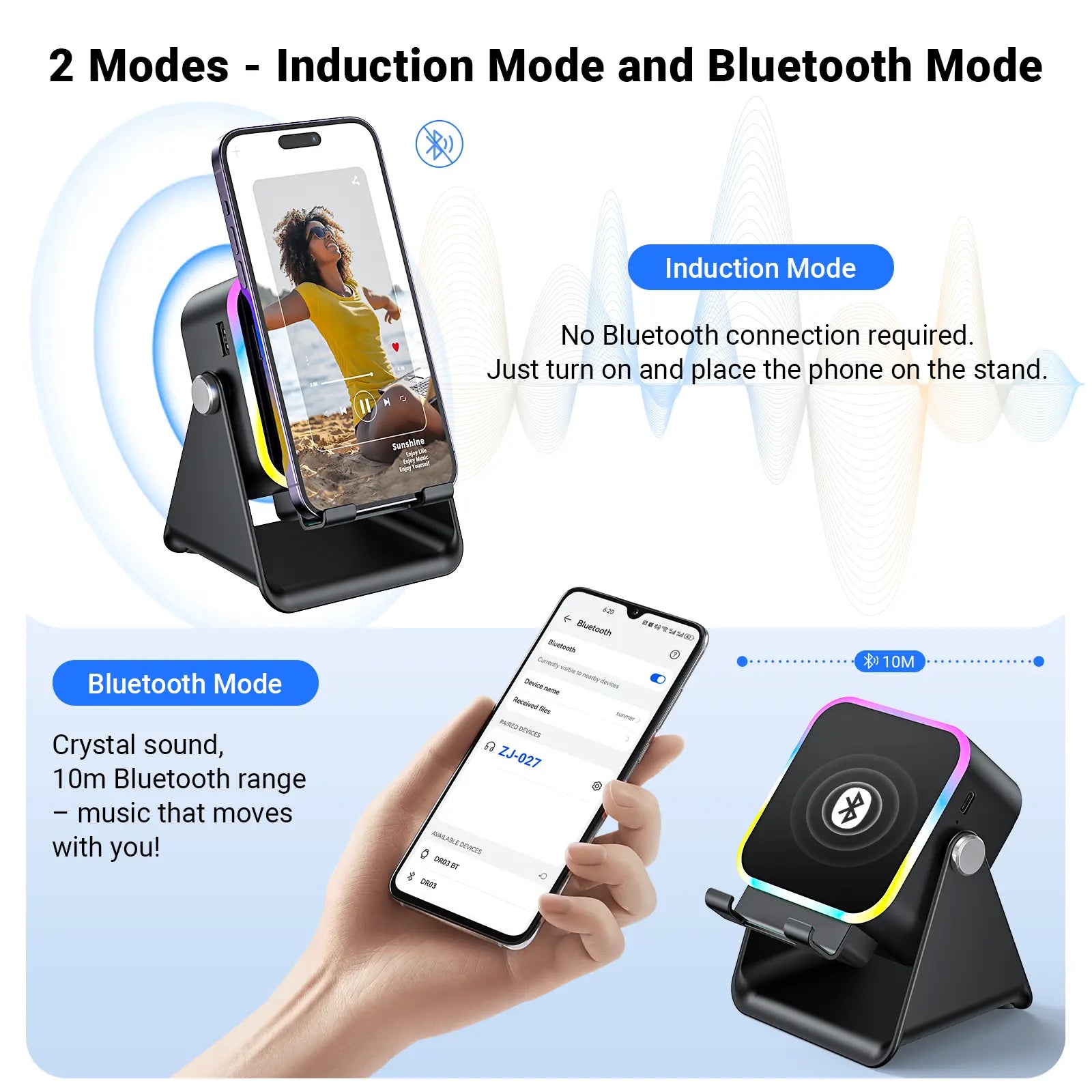 Wireless Induction Audio Speaker Stand with 5-in-1 Cellphone Holder, 3500mAh Rechargeable Power Bank, 360° Adjustable Tablet Stand, and Ambient Lighting - Perfect Gift for Any Occasion