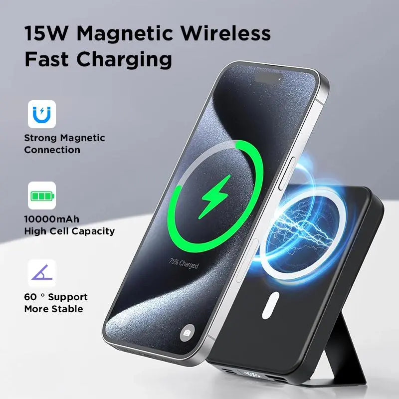 QJL 10000mAh Magnetic Power Bank - Foldable Wireless Portable Charger with LED Display, Fast Charging for iPhone 16/15/14/13/12 Pro/Pro Max/Plus, Compact Silicone Design