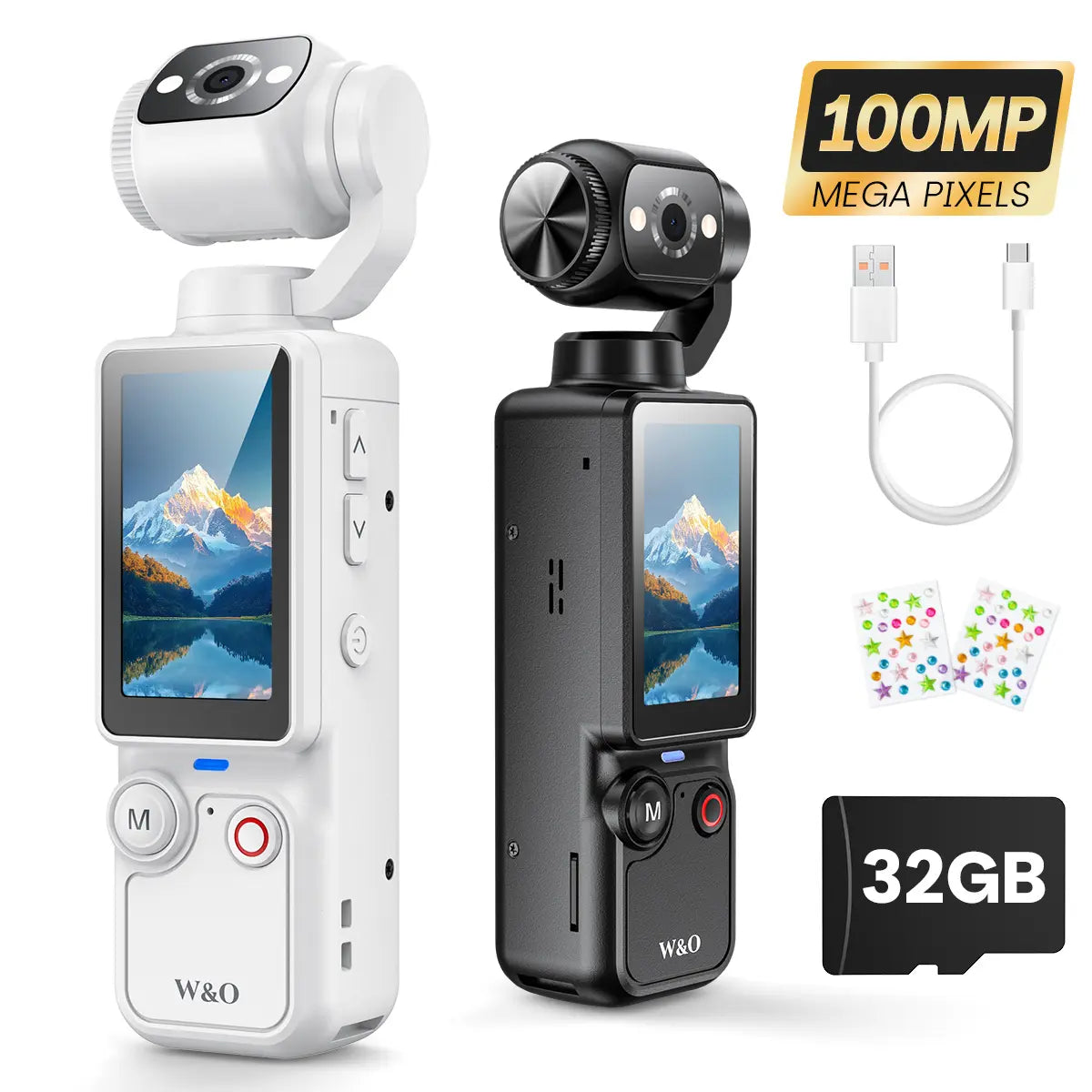 W&O Portable 2.5K Ultra HD Video Recorder with 180° Rotating Lens and Handheld Stabilizer for Vlogging and Travel, USB Rechargeable, Durable Camcorder in Black