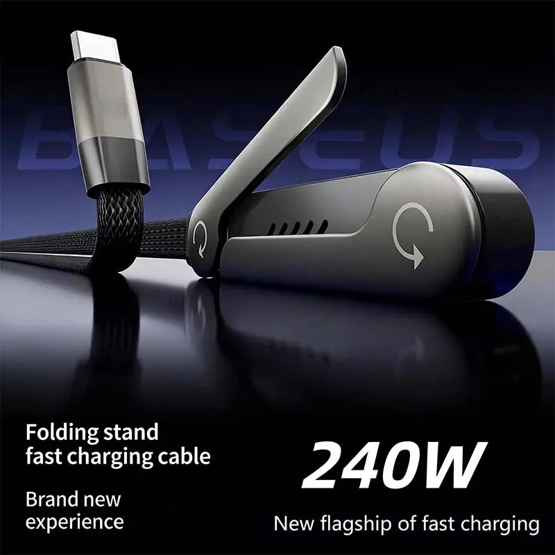 Invisible Charger Cable Holder with Stand - 240W Super Fast 2-in-1 Charging Cord & Phone Stand for Gaming, Office, and Travel - Compatible with Type-C - Black