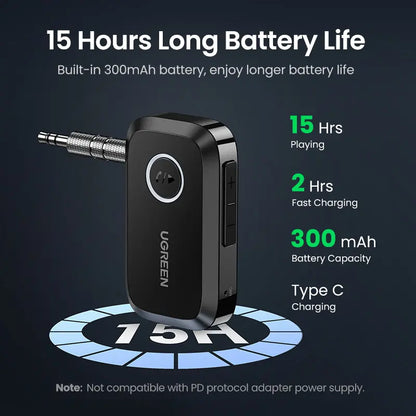 UGREEN 5.4 Bluetooth Aux Adapter for Car - Wireless FM Transmitter and 3.5mm Audio Receiver for Home Stereo and Wired Speakers, 15-Hour Battery Life, Automotive Accessories