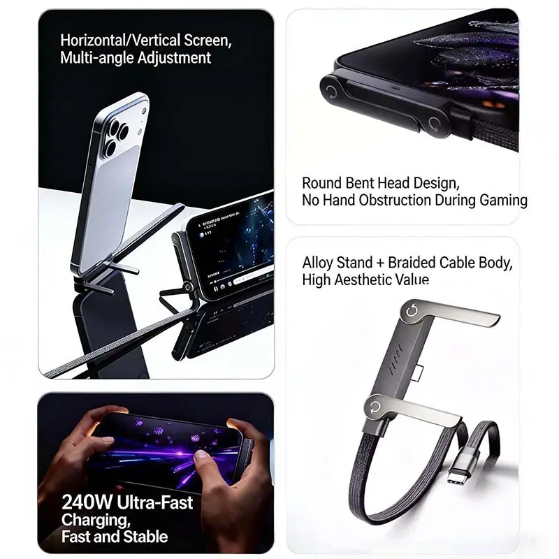 Invisible Charger Cable Holder with Stand - 240W Super Fast 2-in-1 Charging Cord & Phone Stand for Gaming, Office, and Travel - Compatible with Type-C - Black