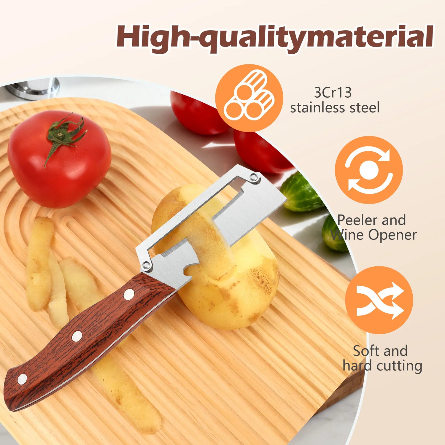 Elevate Your Kitchen Experience with the 2PCS 2-In-1 Fruit &amp; Veggie Peeler and Bottle Opener – Sharp Stainless Steel Blade and Ergonomic Non-Slip Wooden Handle for Effortless Peeling!