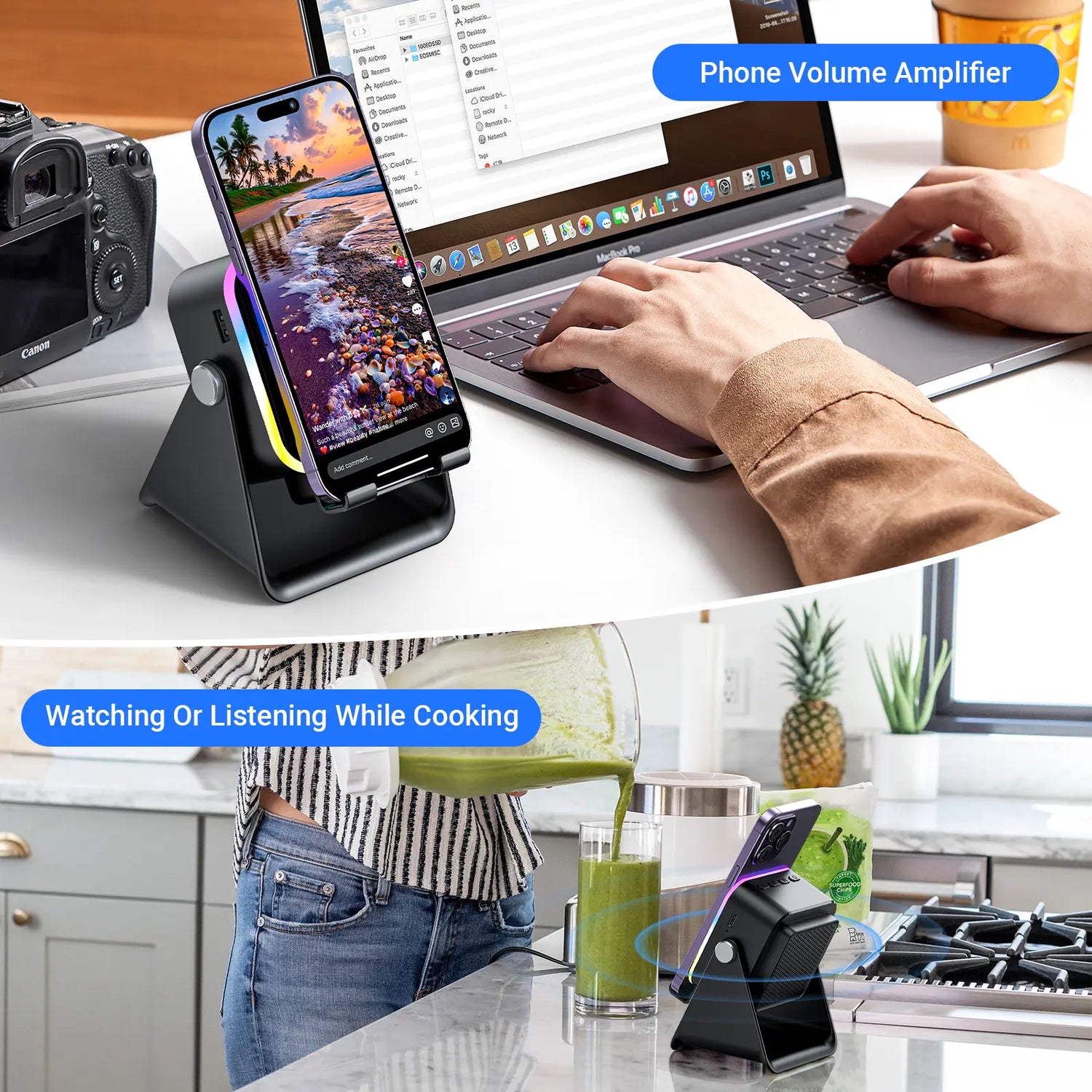 Wireless Induction Audio Speaker Stand with 5-in-1 Cellphone Holder, 3500mAh Rechargeable Power Bank, 360° Adjustable Tablet Stand, and Ambient Lighting - Perfect Gift for Any Occasion