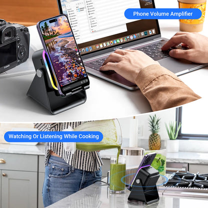 Wireless Induction Audio Speaker Stand with 5-in-1 Cellphone Holder, 3500mAh Rechargeable Power Bank, 360° Adjustable Tablet Stand, and Ambient Lighting - Perfect Gift for Any Occasion
