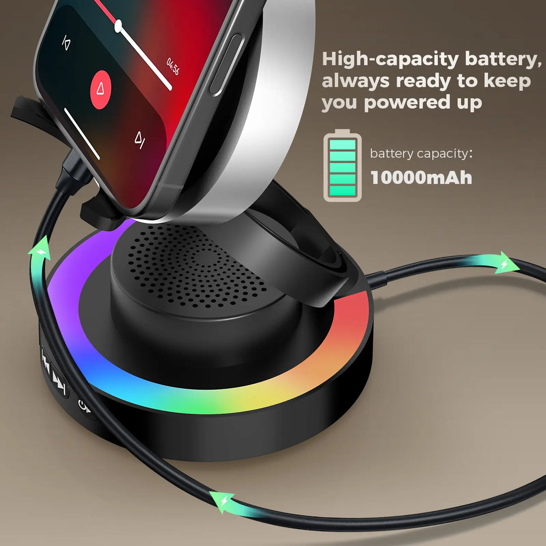 VANOTOM 5-in-1 Wireless Speaker Phone Stand with Bluetooth Speaker, Power Bank, and RGB Lighting - Foldable Design Compatible with All Phones