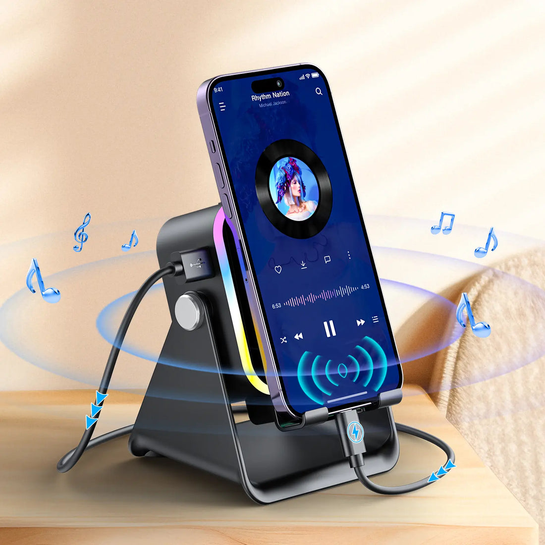 Wireless Induction Audio Speaker Stand with 5-in-1 Cellphone Holder, 3500mAh Rechargeable Power Bank, 360° Adjustable Tablet Stand, and Ambient Lighting - Perfect Gift for Any Occasion