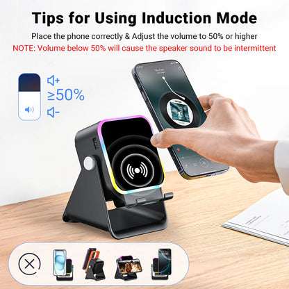 Wireless Induction Audio Speaker Stand with 5-in-1 Cellphone Holder, 3500mAh Rechargeable Power Bank, 360° Adjustable Tablet Stand, and Ambient Lighting - Perfect Gift for Any Occasion