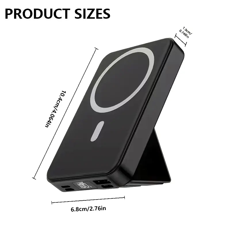 2026 US Spring Glow Up Campaign 10,000mAh Magnetic Wireless Portable Charger with USB-C Cable, LED Display, and Foldable Design for iPhone 17/16/15/14/13/12/Pro/Pro Max - Compact Silicone Black Battery Pack