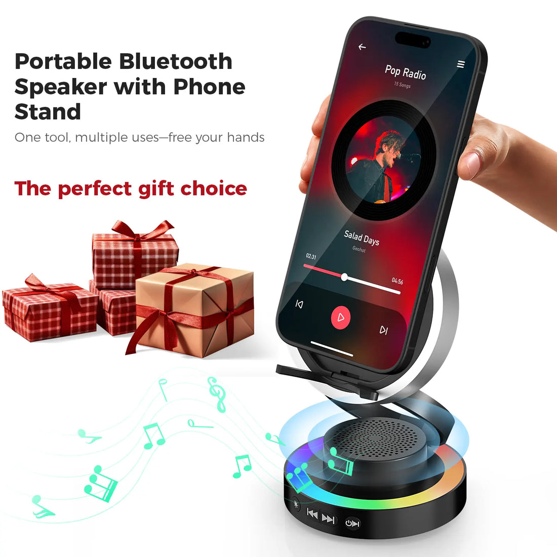 VANOTOM 5-in-1 Wireless Speaker Phone Stand with Bluetooth Speaker, Power Bank, and RGB Lighting - Foldable Design Compatible with All Phones