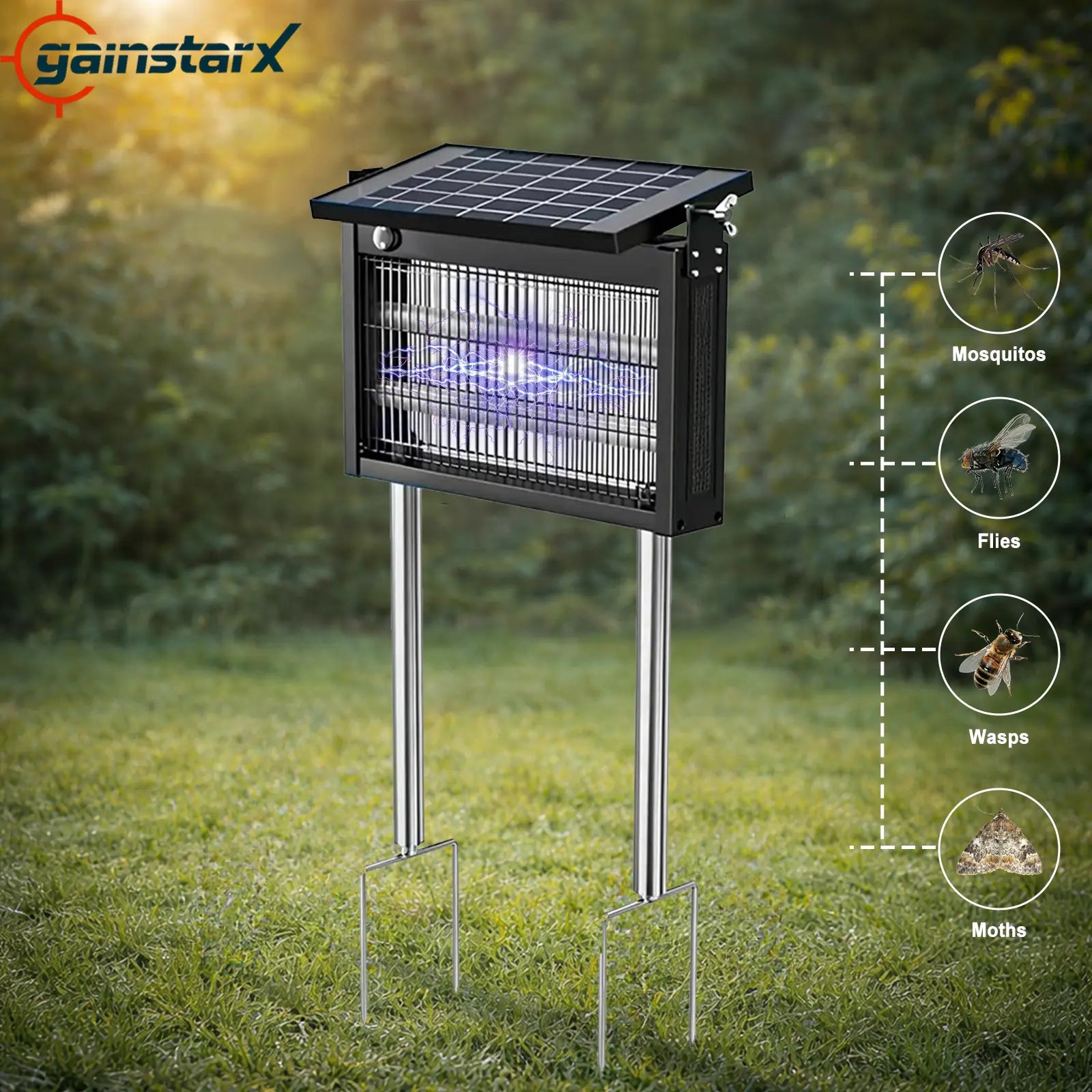 Gainstarx Solar-Powered Waterproof Electric Insect Zapper with Intelligent Light Sensor for Indoor and Outdoor Applications, Perfect for Patios, Backyards, Gardens, and Camping