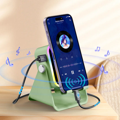 Wireless Induction Audio Speaker Stand with 5-in-1 Cellphone Holder, 3500mAh Rechargeable Power Bank, 360° Adjustable Tablet Stand, and Ambient Lighting - Perfect Gift for Any Occasion