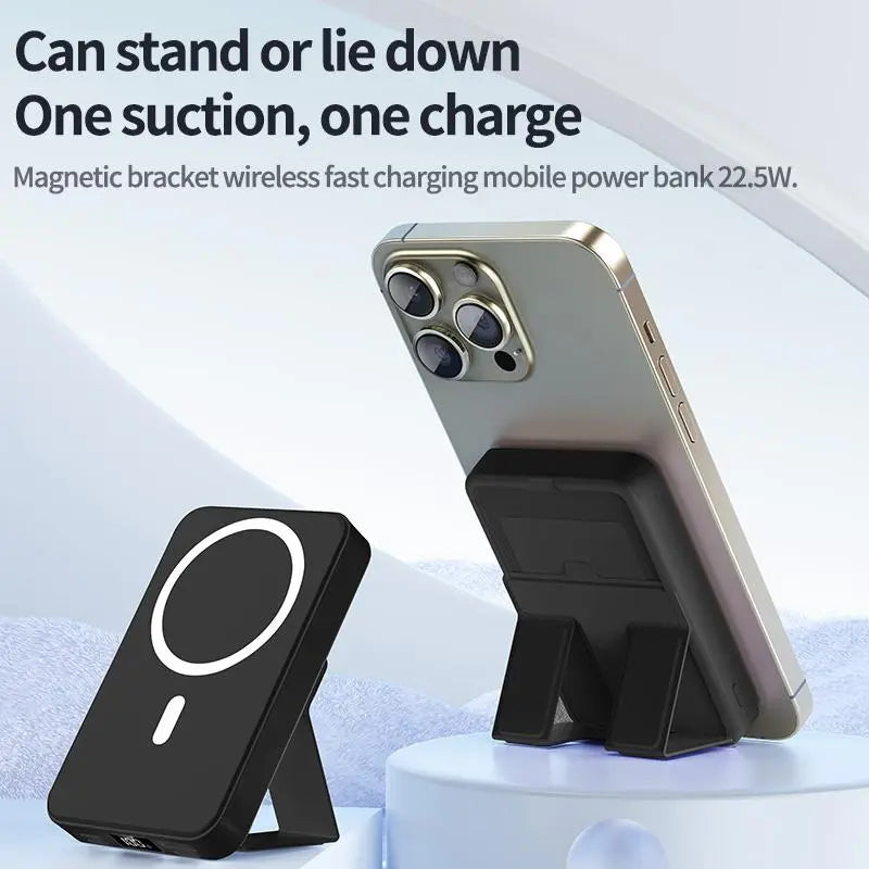 10,000mAh Magnetic Power Bank - Portable Charger with Foldable Stand and LED Display for Dual Device Charging Compatibility