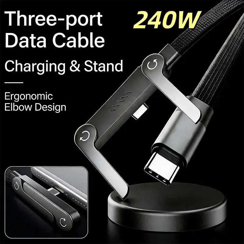Invisible Charger Cable Holder with Stand - 240W Super Fast 2-in-1 Charging Cord & Phone Stand for Gaming, Office, and Travel - Compatible with Type-C - Black