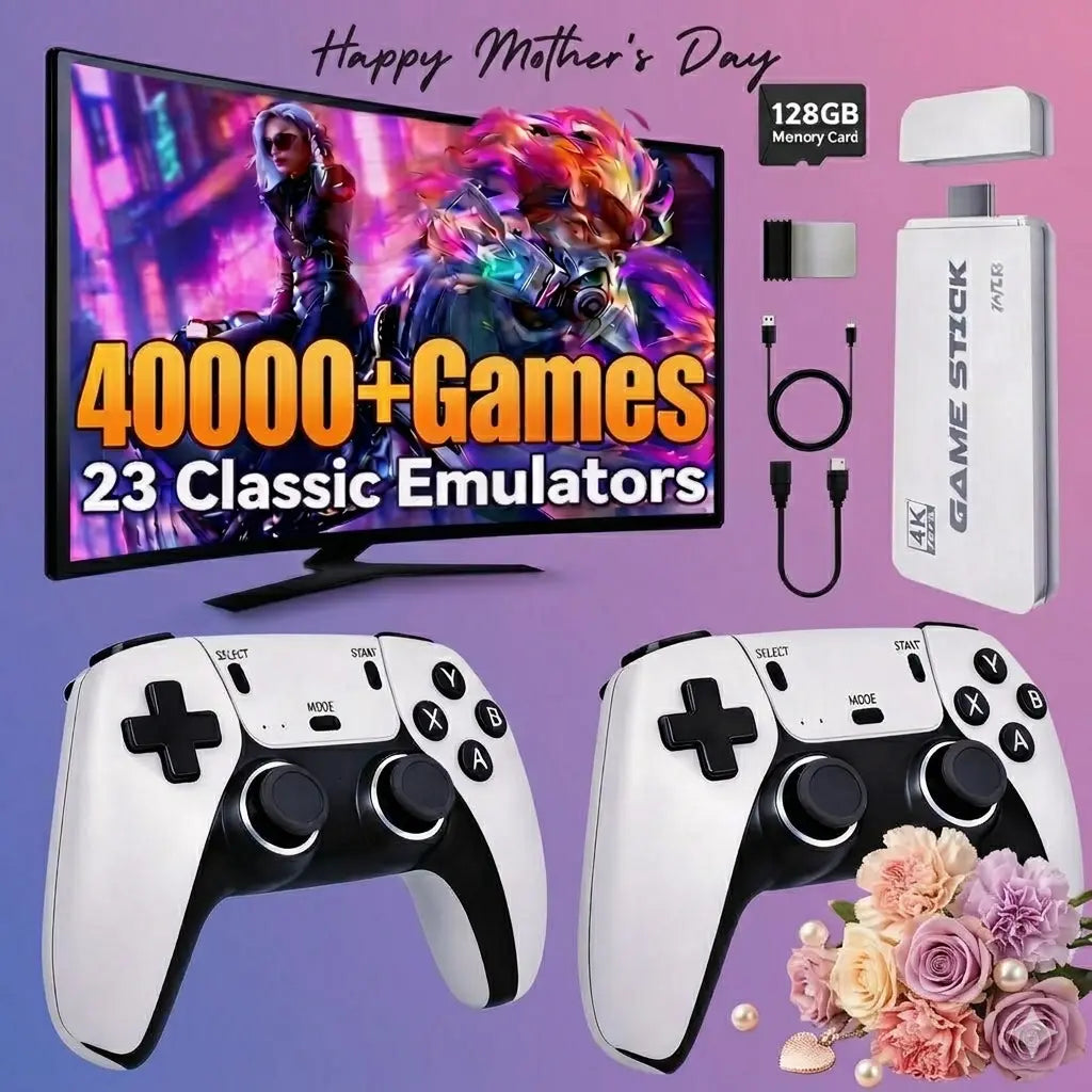 Retro Gaming Console with 40,000 Classic Games, 128GB Storage, 4K HDMI Output, and Dual Wireless Controllers - Perfect Nostalgic Gift for All Ages