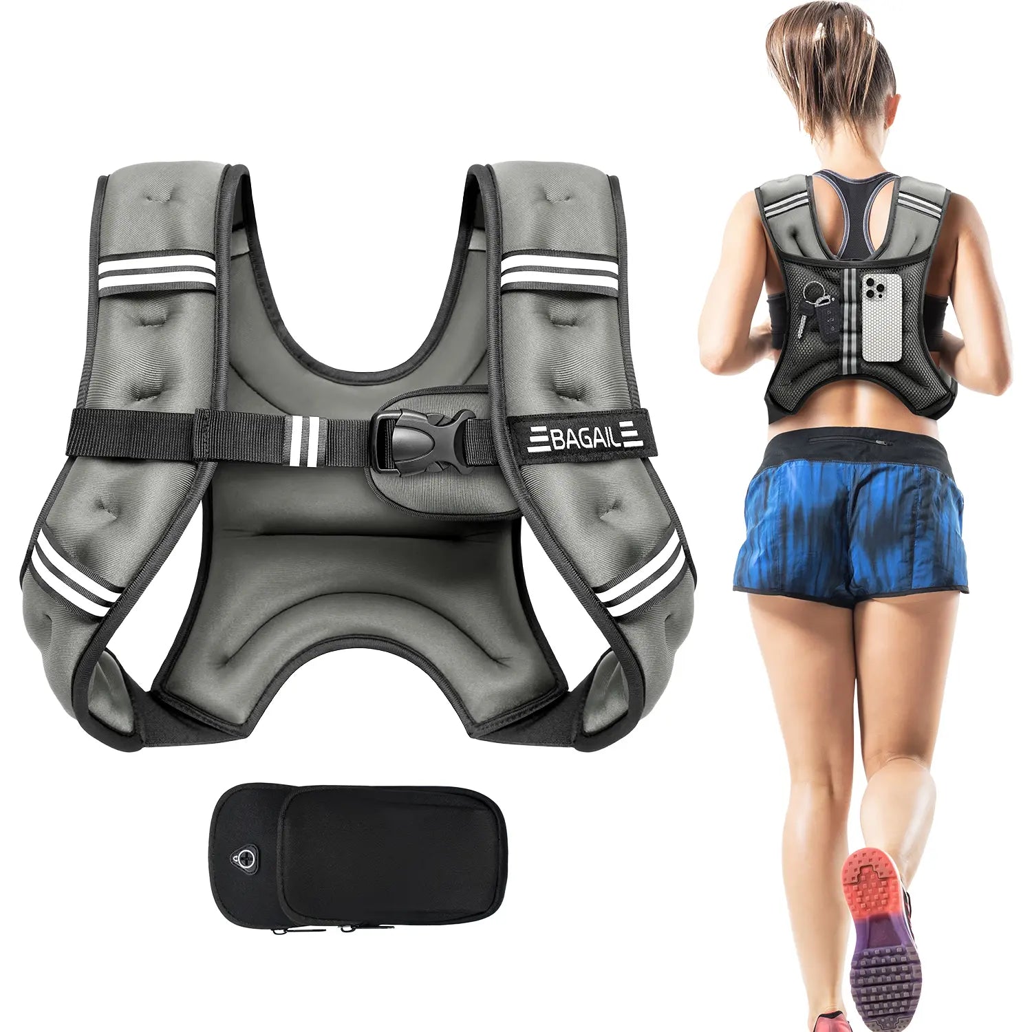 Bagail Adjustable Weighted Vest with Removable Phone Pouch - Weight Options from 5 to 30 Pounds for Men and Women - Perfect for Walking, Rucking, Weight Loss, and Fitness Training