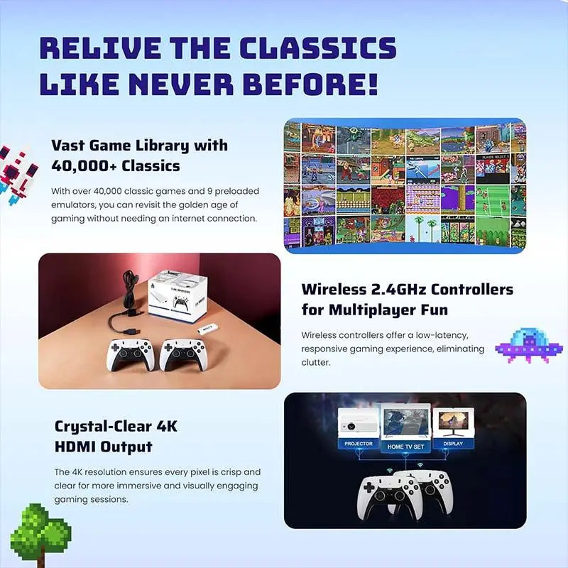 Retro Gaming Console with 40,000 Classic Games, 128GB Storage, 4K HDMI Output, and Dual Wireless Controllers - Perfect Nostalgic Gift for All Ages