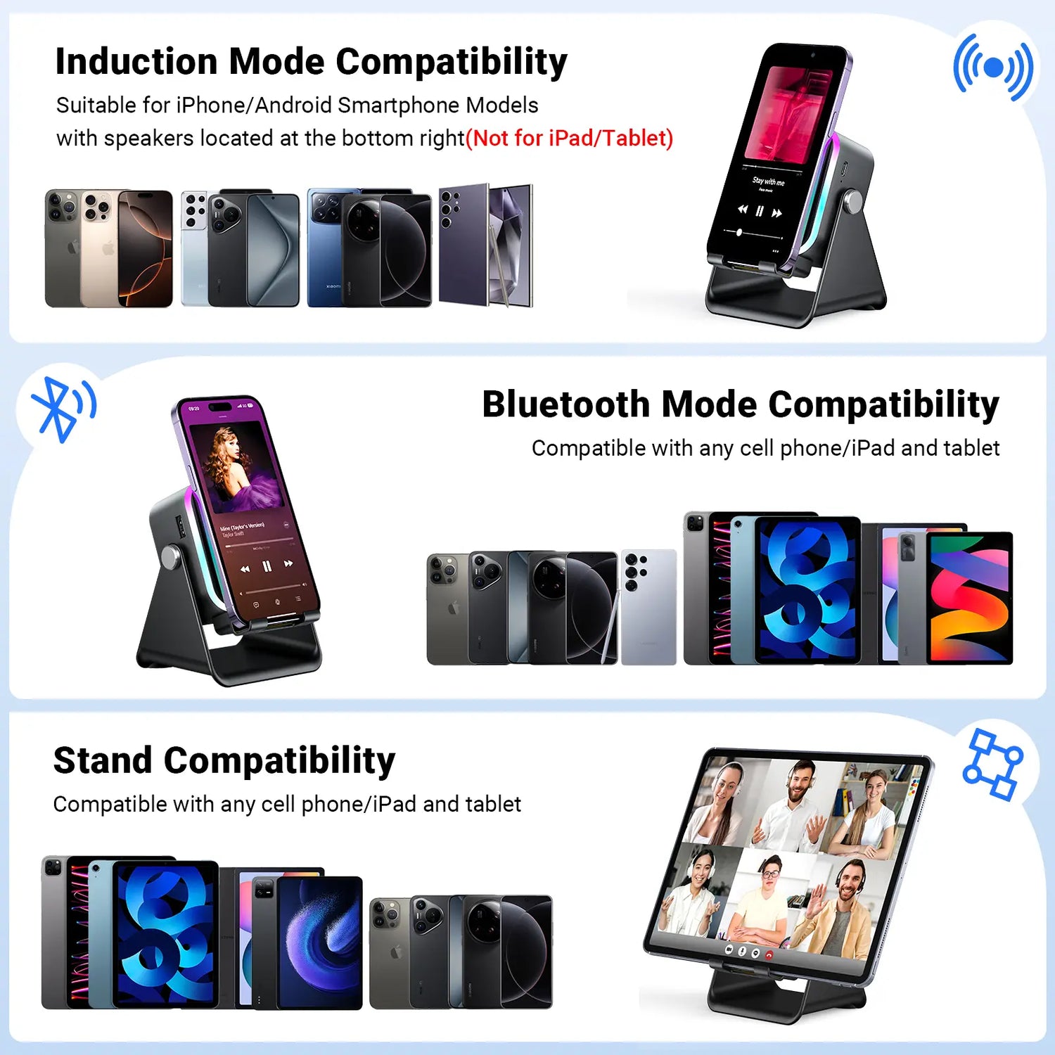 Wireless Induction Audio Speaker Stand with 5-in-1 Cellphone Holder, 3500mAh Rechargeable Power Bank, 360° Adjustable Tablet Stand, and Ambient Lighting - Perfect Gift for Any Occasion