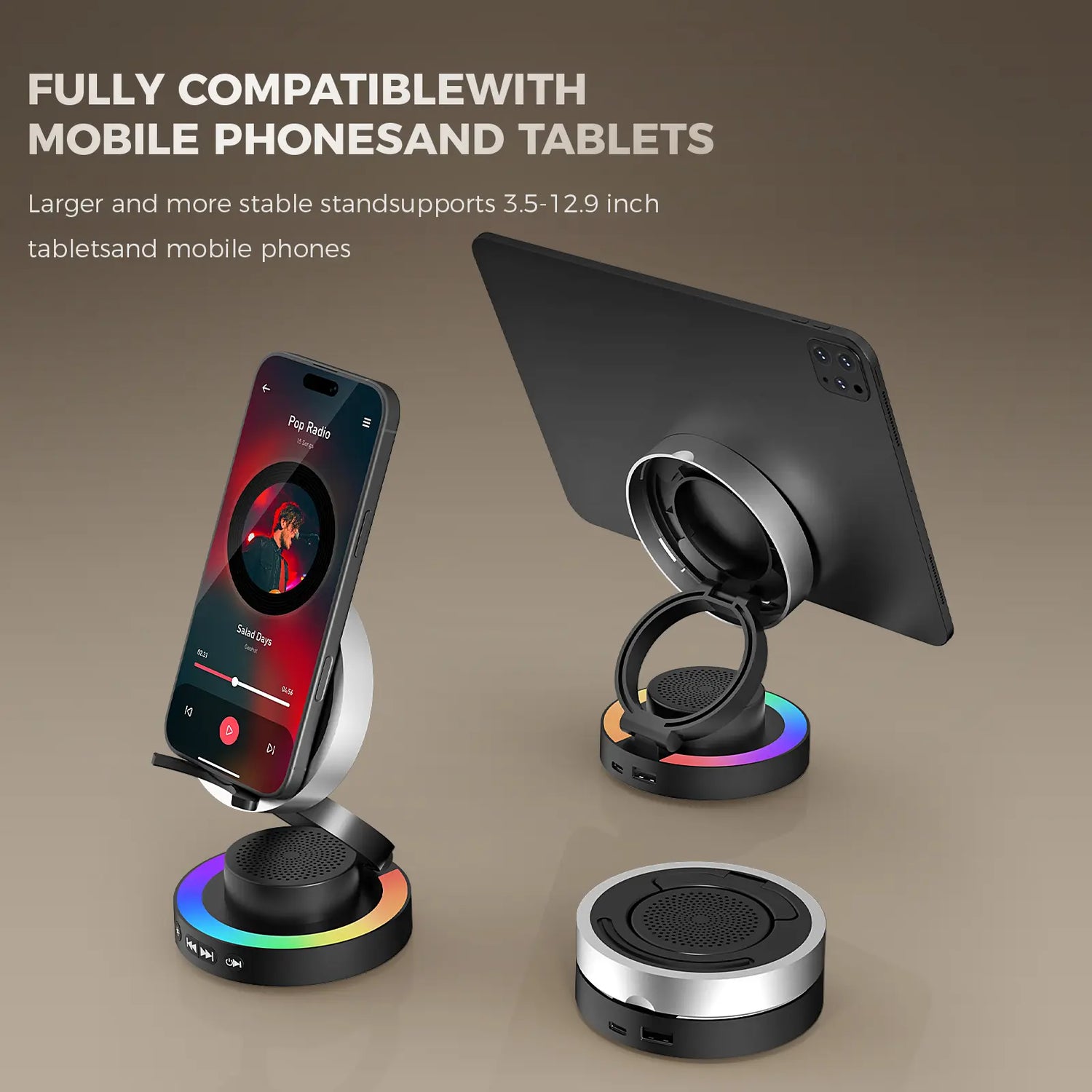 VANOTOM 5-in-1 Wireless Speaker Phone Stand with Bluetooth Speaker, Power Bank, and RGB Lighting - Foldable Design Compatible with All Phones