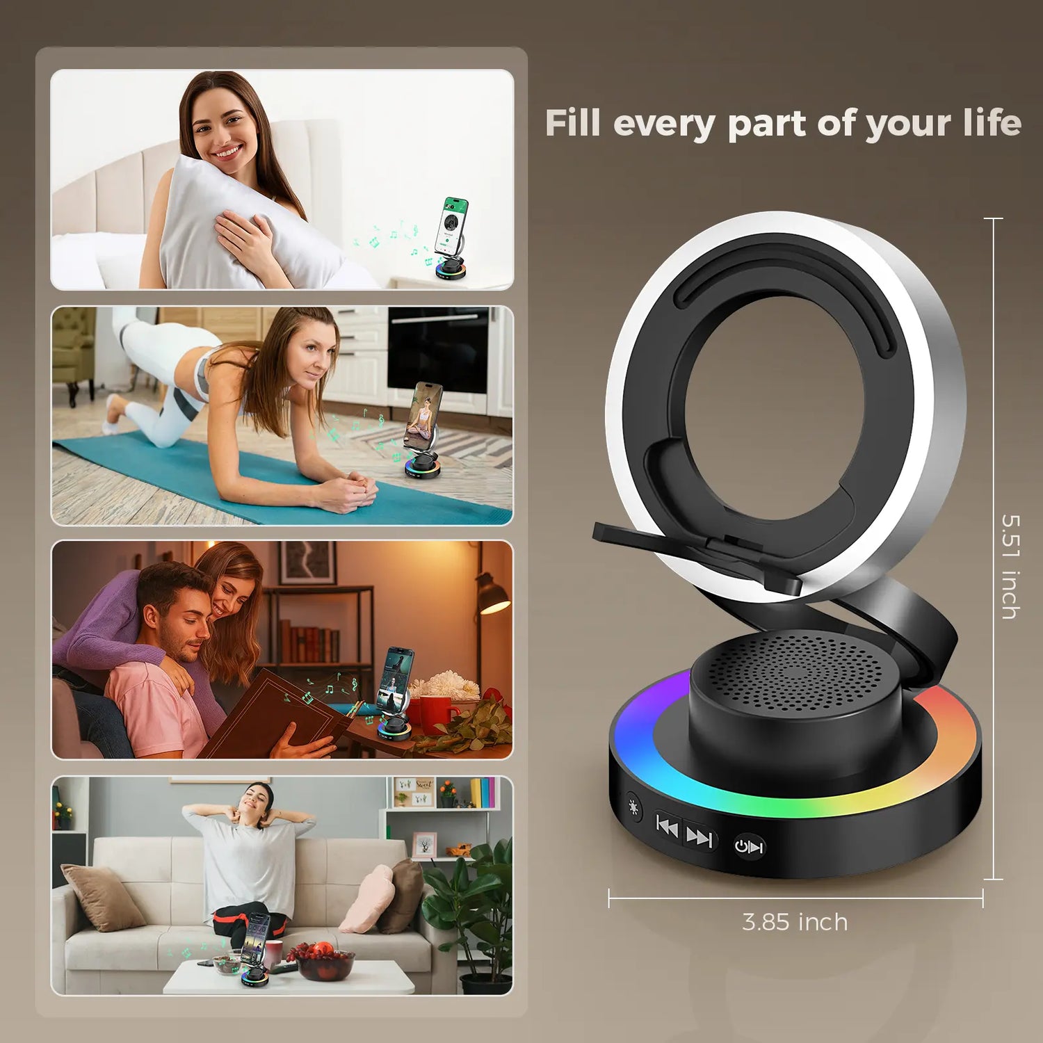 VANOTOM 5-in-1 Wireless Speaker Phone Stand with Bluetooth Speaker, Power Bank, and RGB Lighting - Foldable Design Compatible with All Phones