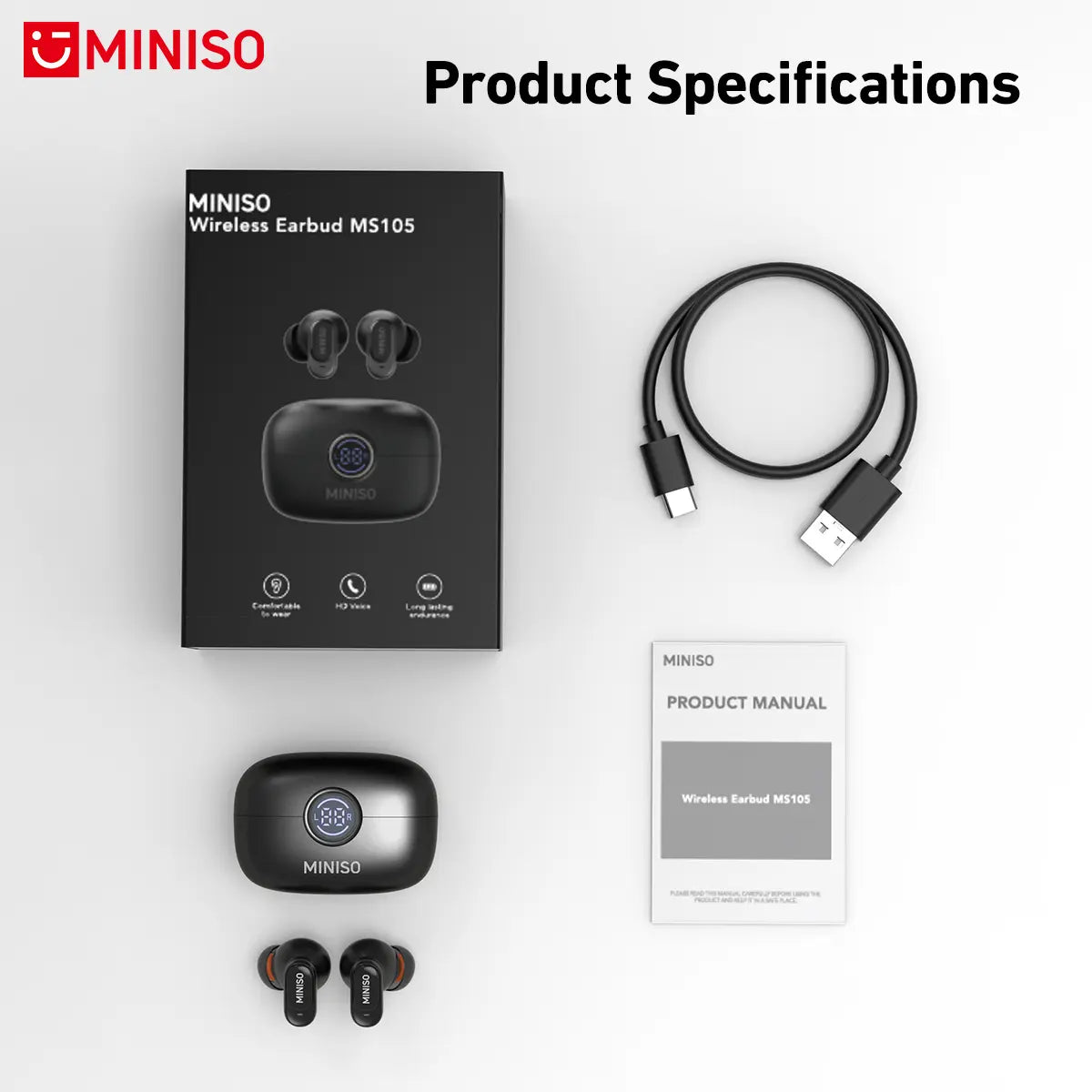 MINISO MS105 Wireless Bluetooth 6.0 Earbuds - Waterproof In-Ear Earphones with Built-in Microphone for Office, Sports, Study, and Gaming