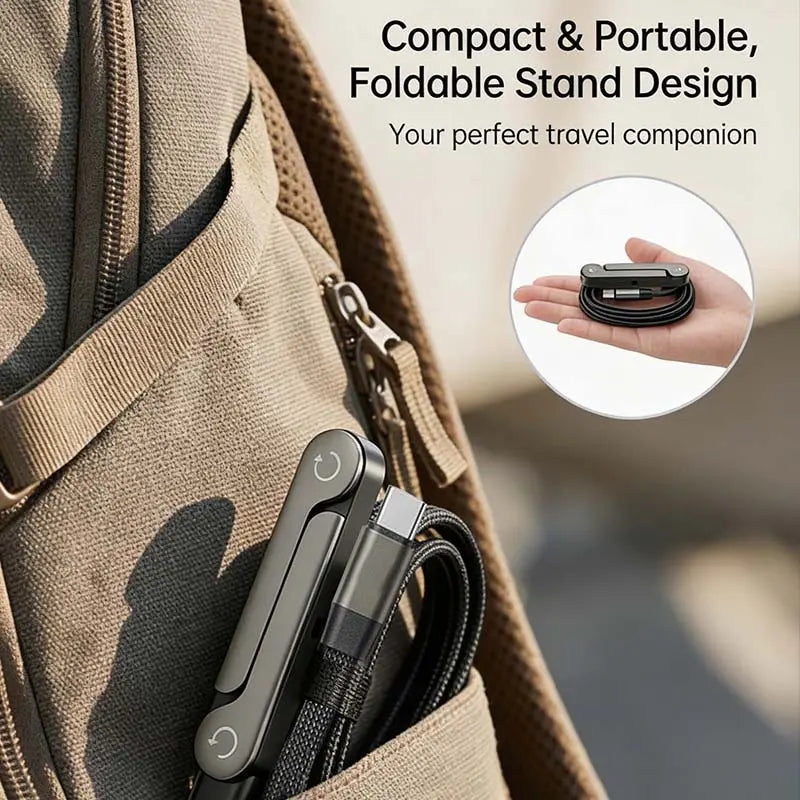 Invisible Charger Cable Holder with Stand - 240W Super Fast 2-in-1 Charging Cord & Phone Stand for Gaming, Office, and Travel - Compatible with Type-C - Black