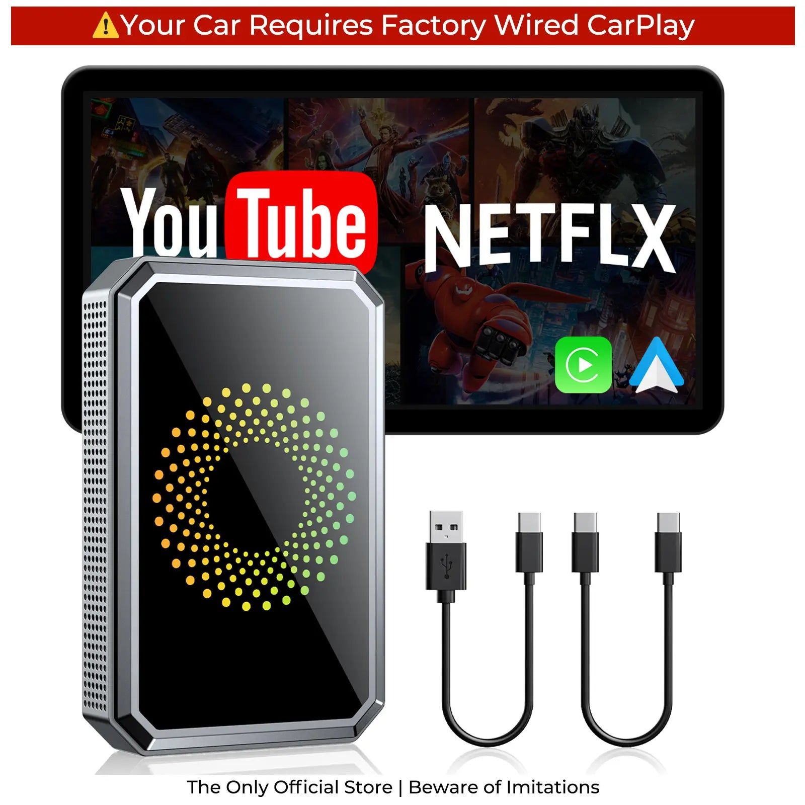 LAMTTO 2026 Wired CarPlay to Wireless Adapter - Integrated Android System for Streaming Services - Compatible Exclusively with Wired CarPlay/Aa Vehicles