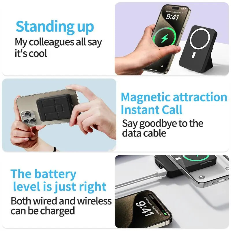 10,000mAh Magnetic Power Bank - Portable Charger with Foldable Stand and LED Display for Dual Device Charging Compatibility