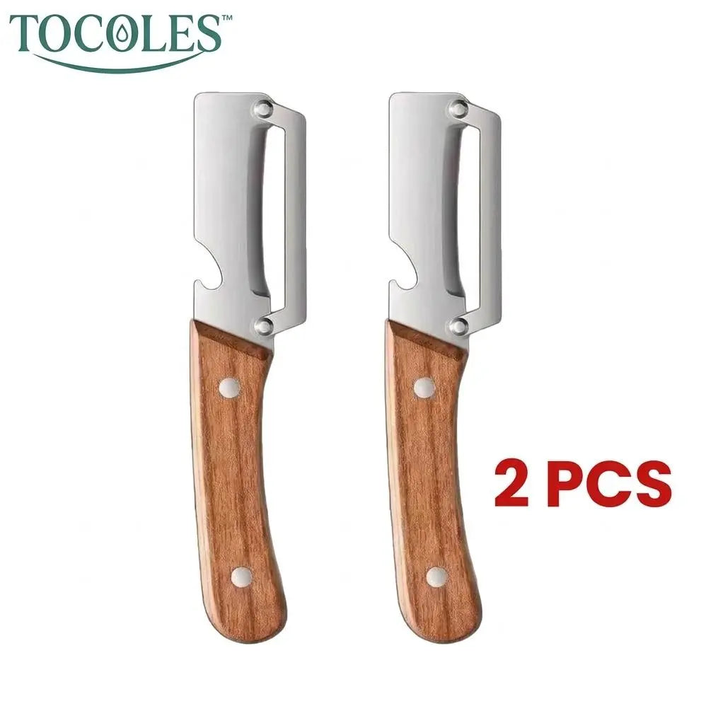 Elevate Your Kitchen Experience with the 2PCS 2-In-1 Fruit & Veggie Peeler and Bottle Opener – Sharp Stainless Steel Blade and Ergonomic Non-Slip Wooden Handle for Effortless Peeling!