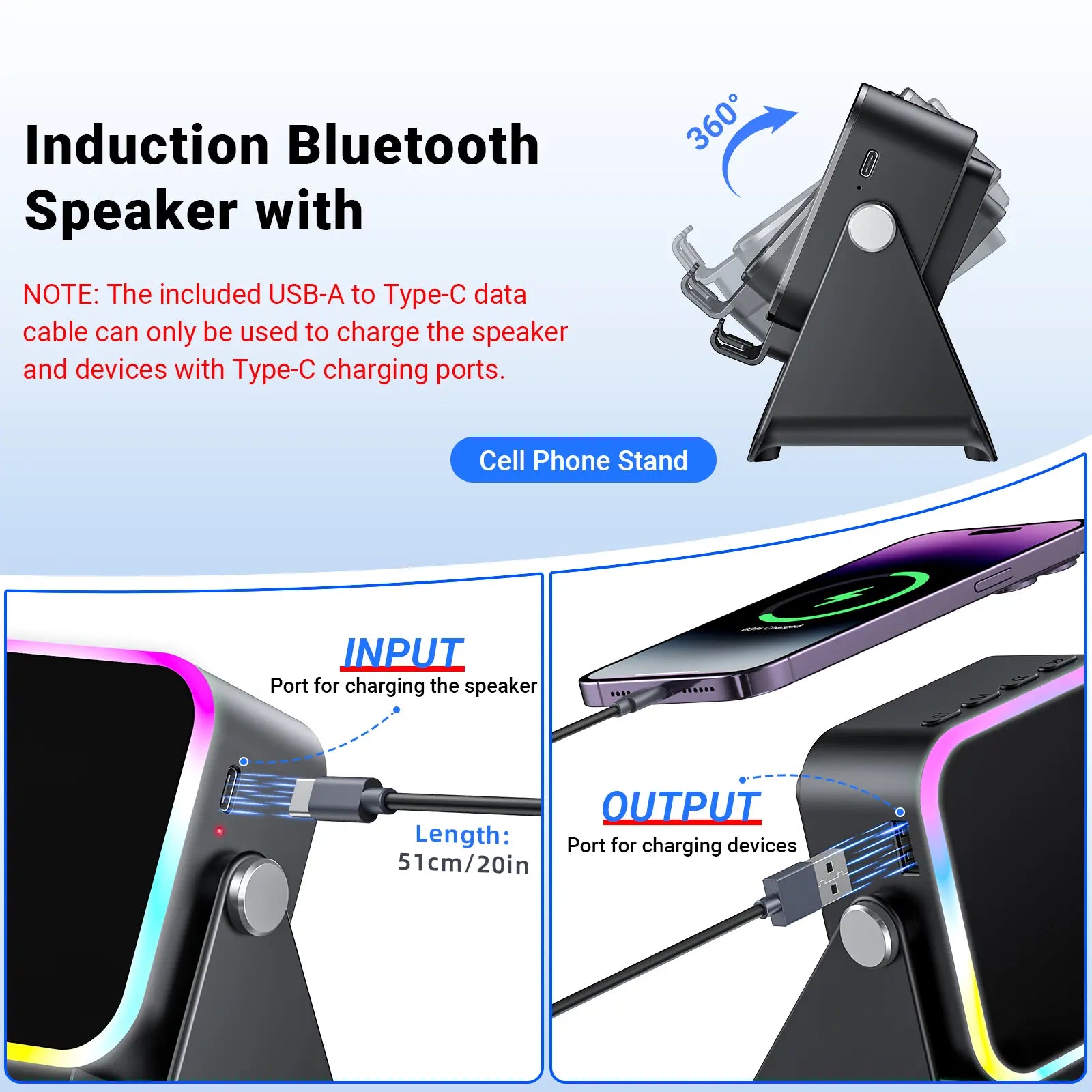 Wireless Induction Audio Speaker Stand with 5-in-1 Cellphone Holder, 3500mAh Rechargeable Power Bank, 360° Adjustable Tablet Stand, and Ambient Lighting - Perfect Gift for Any Occasion