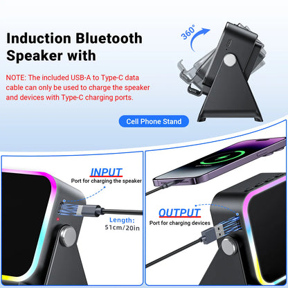 Wireless Induction Audio Speaker Stand with 5-in-1 Cellphone Holder, 3500mAh Rechargeable Power Bank, 360° Adjustable Tablet Stand, and Ambient Lighting - Perfect Gift for Any Occasion