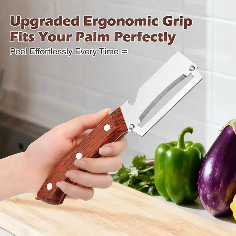 Elevate Your Kitchen Experience with the 2PCS 2-In-1 Fruit &amp; Veggie Peeler and Bottle Opener – Sharp Stainless Steel Blade and Ergonomic Non-Slip Wooden Handle for Effortless Peeling!