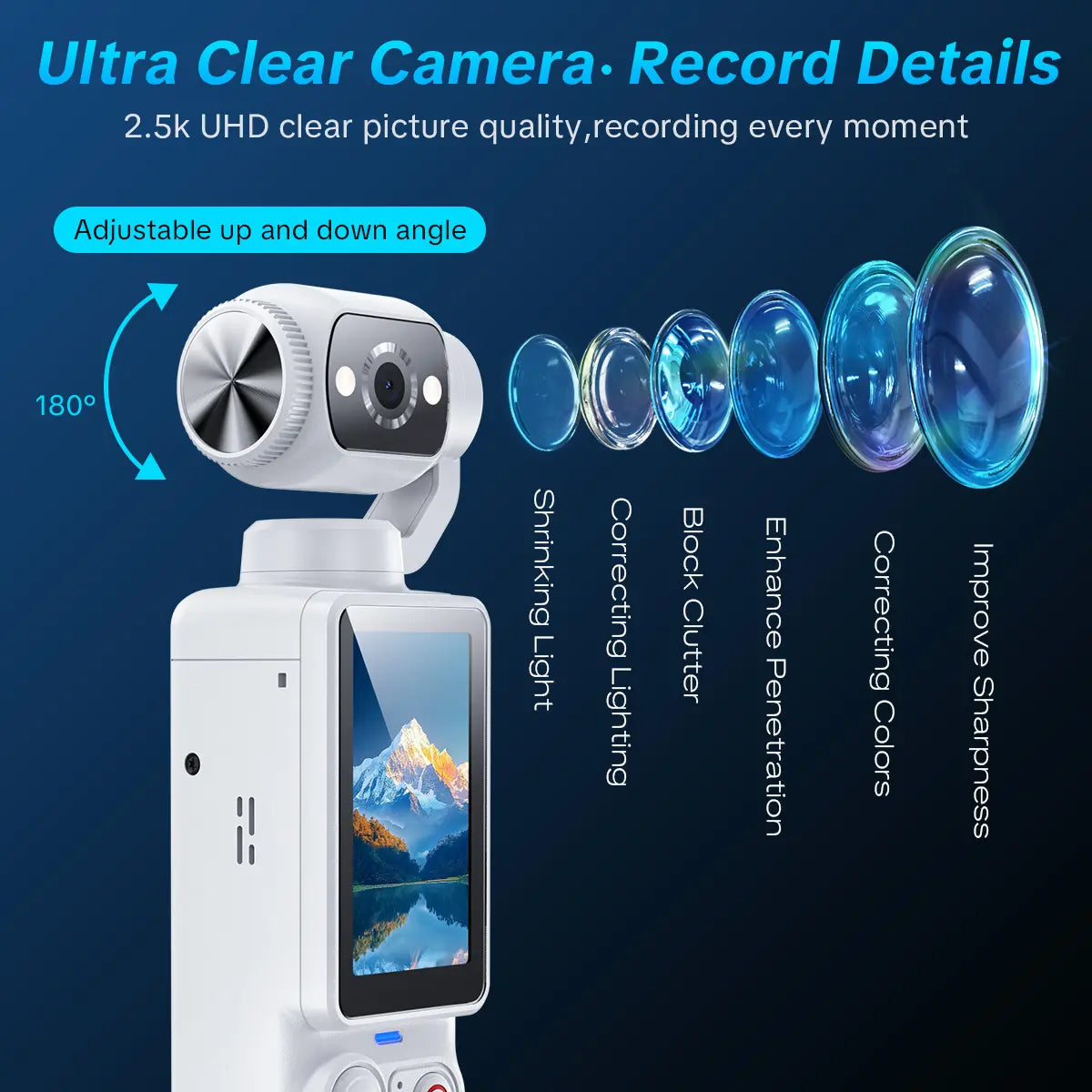 W&amp;O Portable 2.5K Ultra HD Video Recorder with 180° Rotating Lens and Handheld Stabilizer for Vlogging and Travel, USB Rechargeable, Durable Camcorder in Black