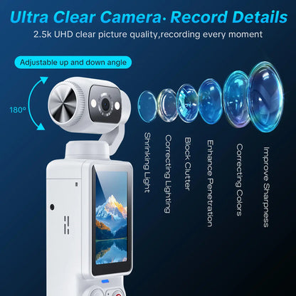 W&amp;O Portable 2.5K Ultra HD Video Recorder with 180° Rotating Lens and Handheld Stabilizer for Vlogging and Travel, USB Rechargeable, Durable Camcorder in Black