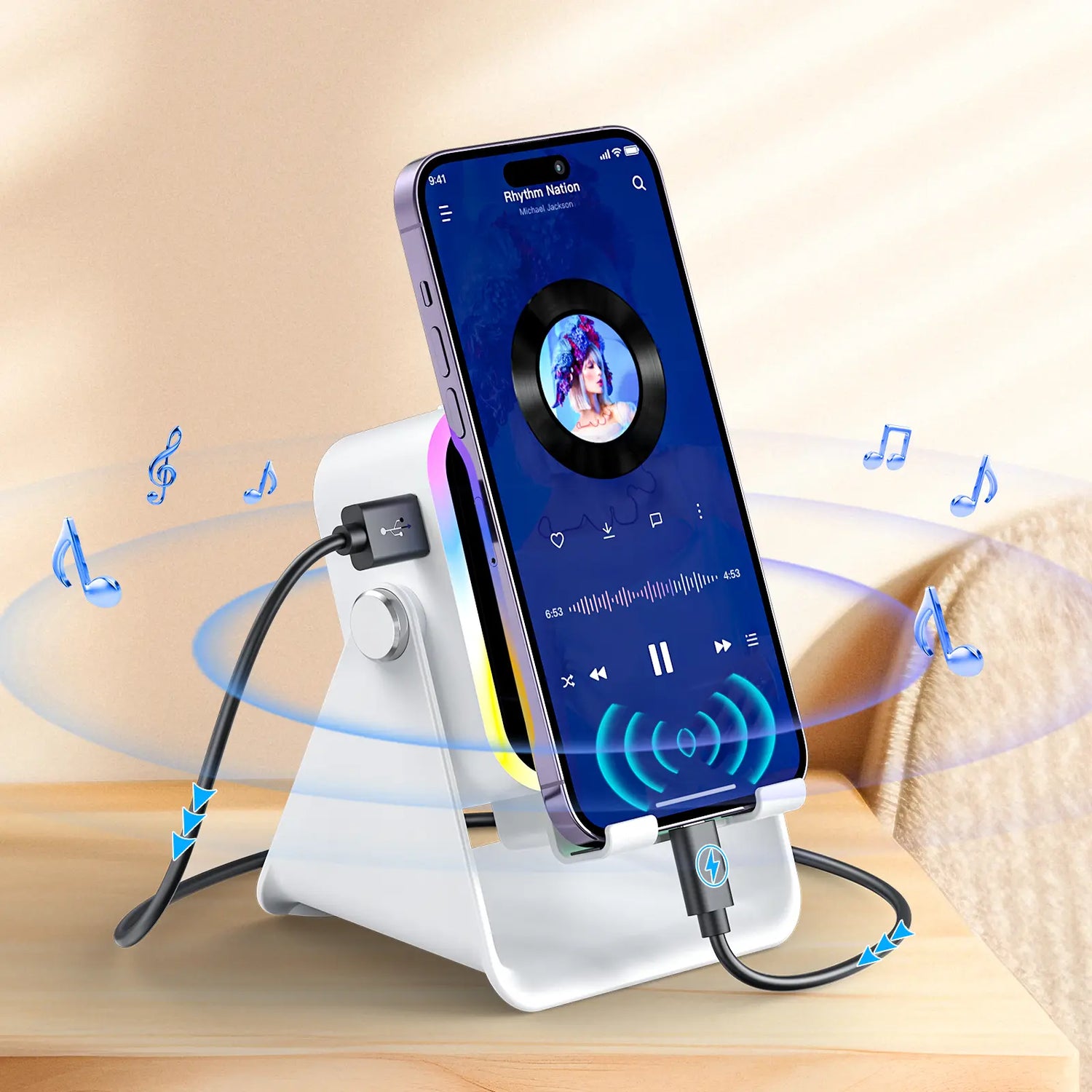 Wireless Induction Audio Speaker Stand with 5-in-1 Cellphone Holder, 3500mAh Rechargeable Power Bank, 360° Adjustable Tablet Stand, and Ambient Lighting - Perfect Gift for Any Occasion