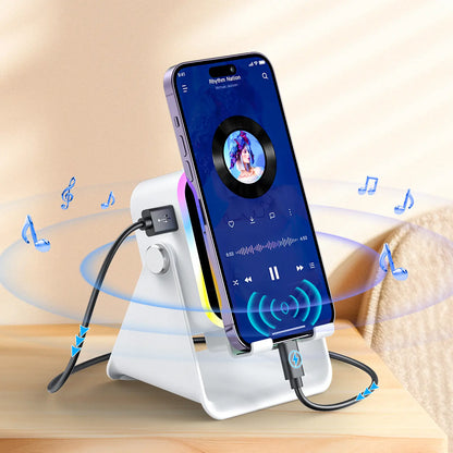 Wireless Induction Audio Speaker Stand with 5-in-1 Cellphone Holder, 3500mAh Rechargeable Power Bank, 360° Adjustable Tablet Stand, and Ambient Lighting - Perfect Gift for Any Occasion