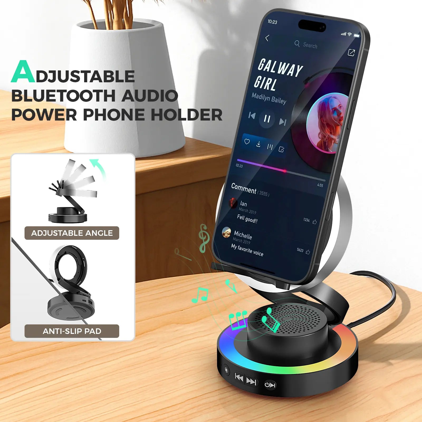 VANOTOM 5-in-1 Wireless Speaker Phone Stand with Bluetooth Speaker, Power Bank, and RGB Lighting - Foldable Design Compatible with All Phones