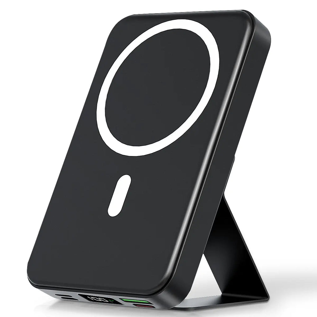 2026 US Spring Glow Up Campaign 10,000mAh Magnetic Wireless Portable Charger with USB-C Cable, LED Display, and Foldable Design for iPhone 17/16/15/14/13/12/Pro/Pro Max - Compact Silicone Black Battery Pack