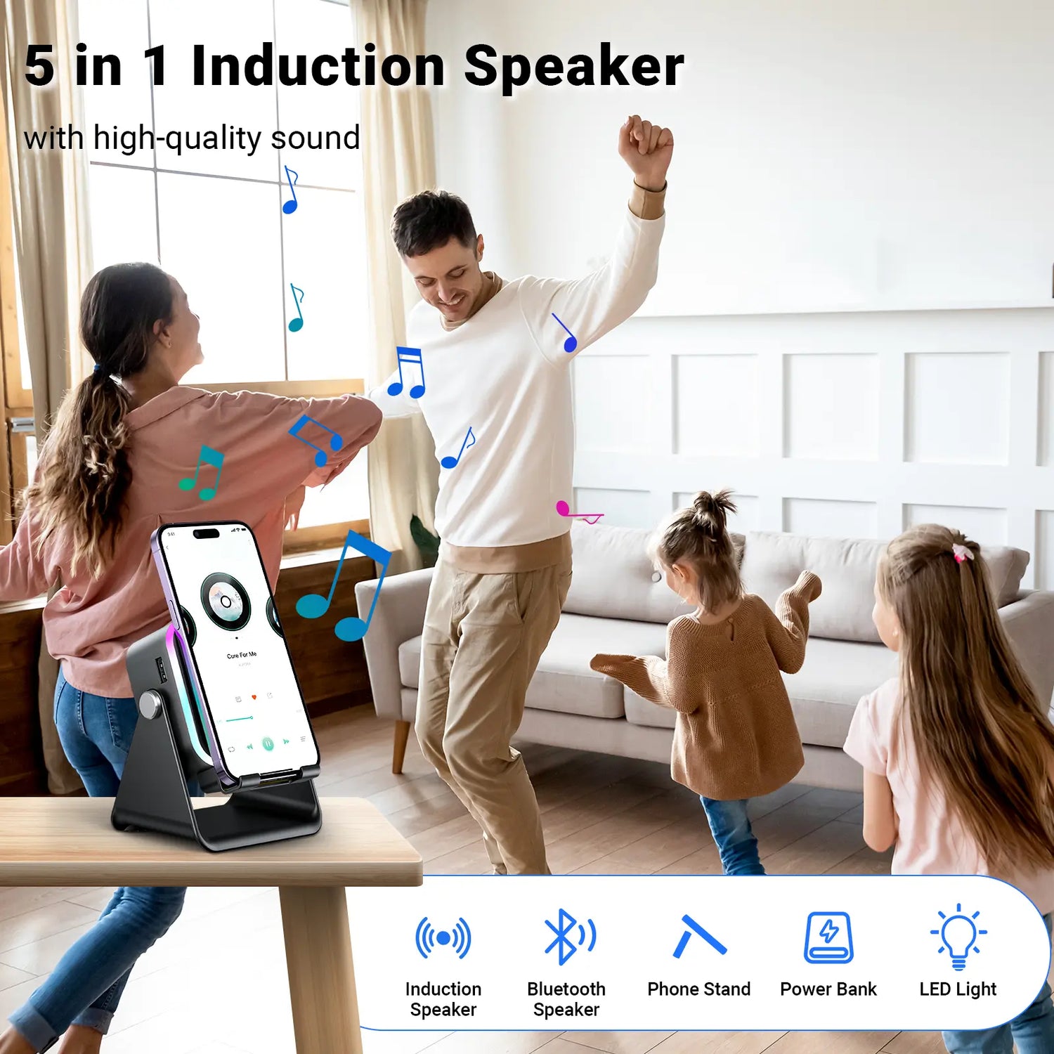Wireless Induction Audio Speaker Stand with 5-in-1 Cellphone Holder, 3500mAh Rechargeable Power Bank, 360° Adjustable Tablet Stand, and Ambient Lighting - Perfect Gift for Any Occasion