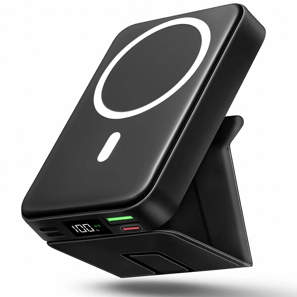 2026 US Spring Glow Up Campaign 10,000mAh Magnetic Wireless Portable Charger with USB-C Cable, LED Display, and Foldable Design for iPhone 17/16/15/14/13/12/Pro/Pro Max - Compact Silicone Black Battery Pack
