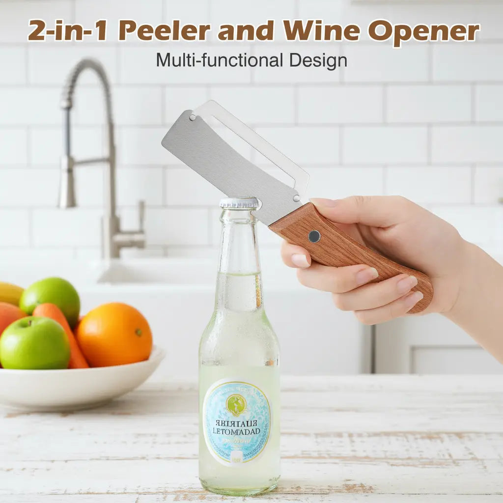 Elevate Your Kitchen Experience with the 2PCS 2-In-1 Fruit &amp; Veggie Peeler and Bottle Opener – Sharp Stainless Steel Blade and Ergonomic Non-Slip Wooden Handle for Effortless Peeling!