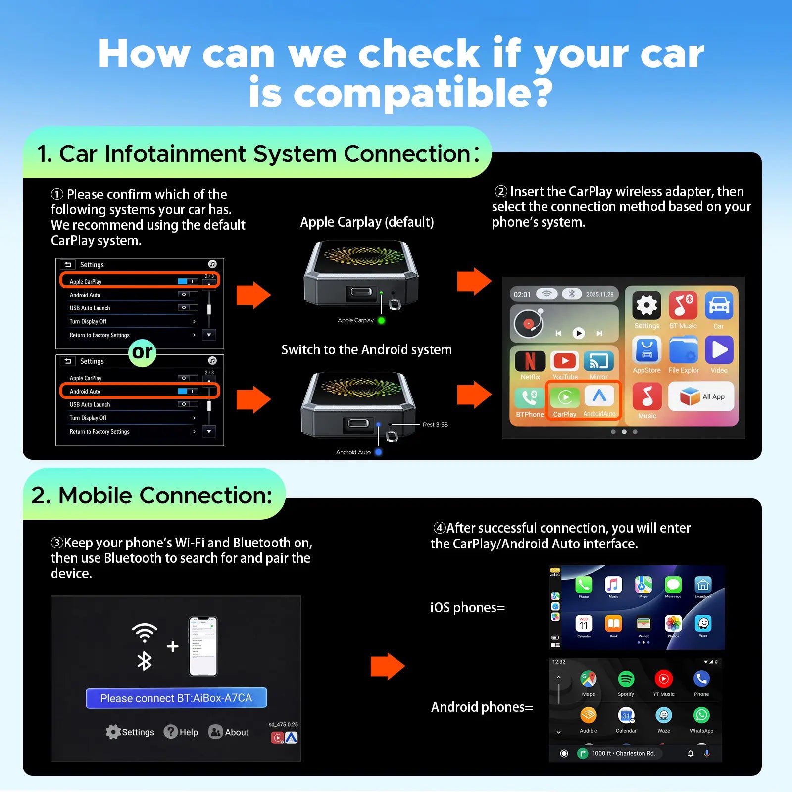 LAMTTO 2026 Wired CarPlay to Wireless Adapter - Integrated Android System for Streaming Services - Compatible Exclusively with Wired CarPlay/Aa Vehicles