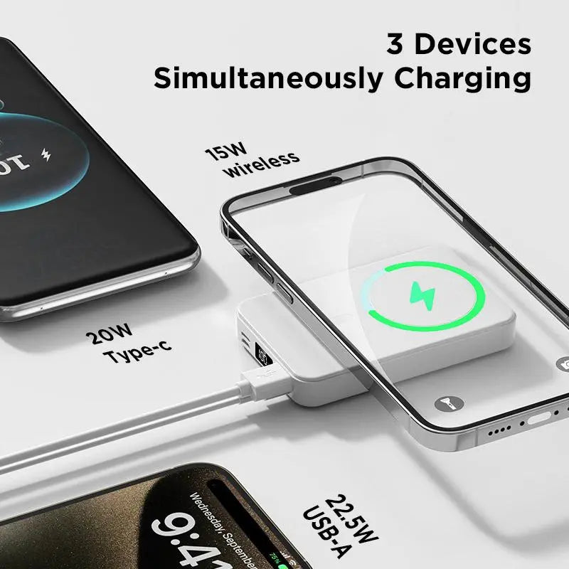 QJL 10000mAh Magnetic Power Bank - Foldable Wireless Portable Charger with LED Display, Fast Charging for iPhone 16/15/14/13/12 Pro/Pro Max/Plus, Compact Silicone Design